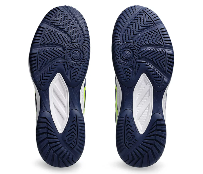 Bottom view of a pair of Asics boys volleyball shoes showing navy blue outsole tread pattern