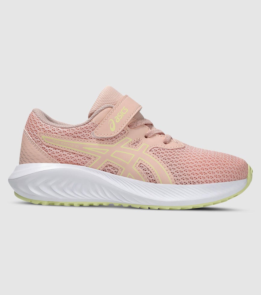 ASICS kids running shoe with velcro strap, mesh upper, and contrasting stripe logo