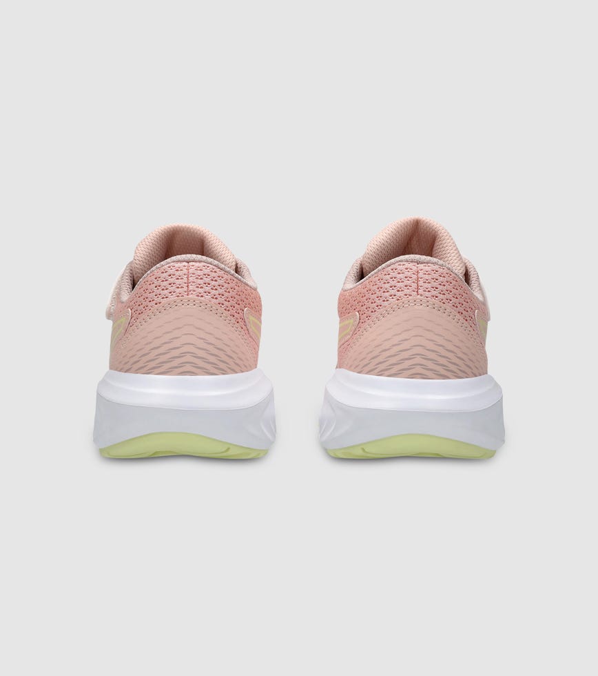 Rear view of kids running shoes with pink upper and light yellow-green outsole