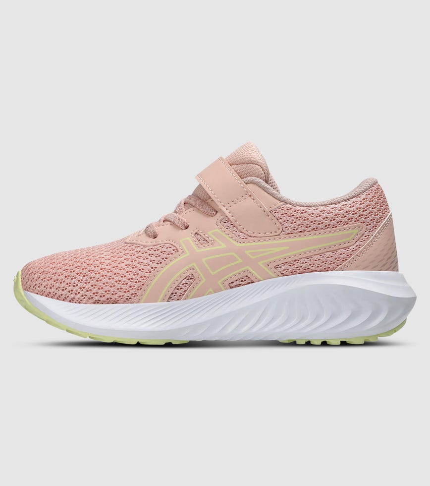 ASICS kids running shoe with velcro strap, mesh upper, and cushioned white sole