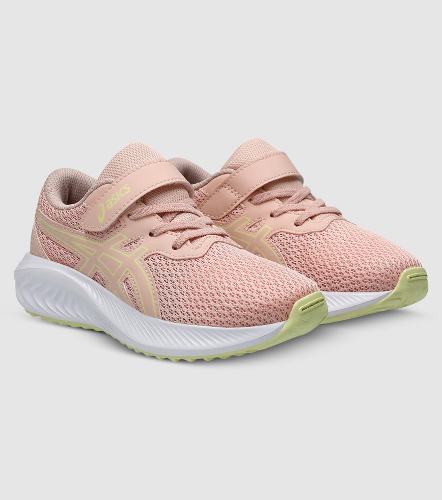 ASICS kids running shoes with velcro strap, mesh upper, and cushioned white sole