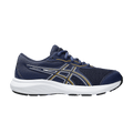 ASICS Contend 9 GS boys running shoe lateral view with navy mesh upper and white sole