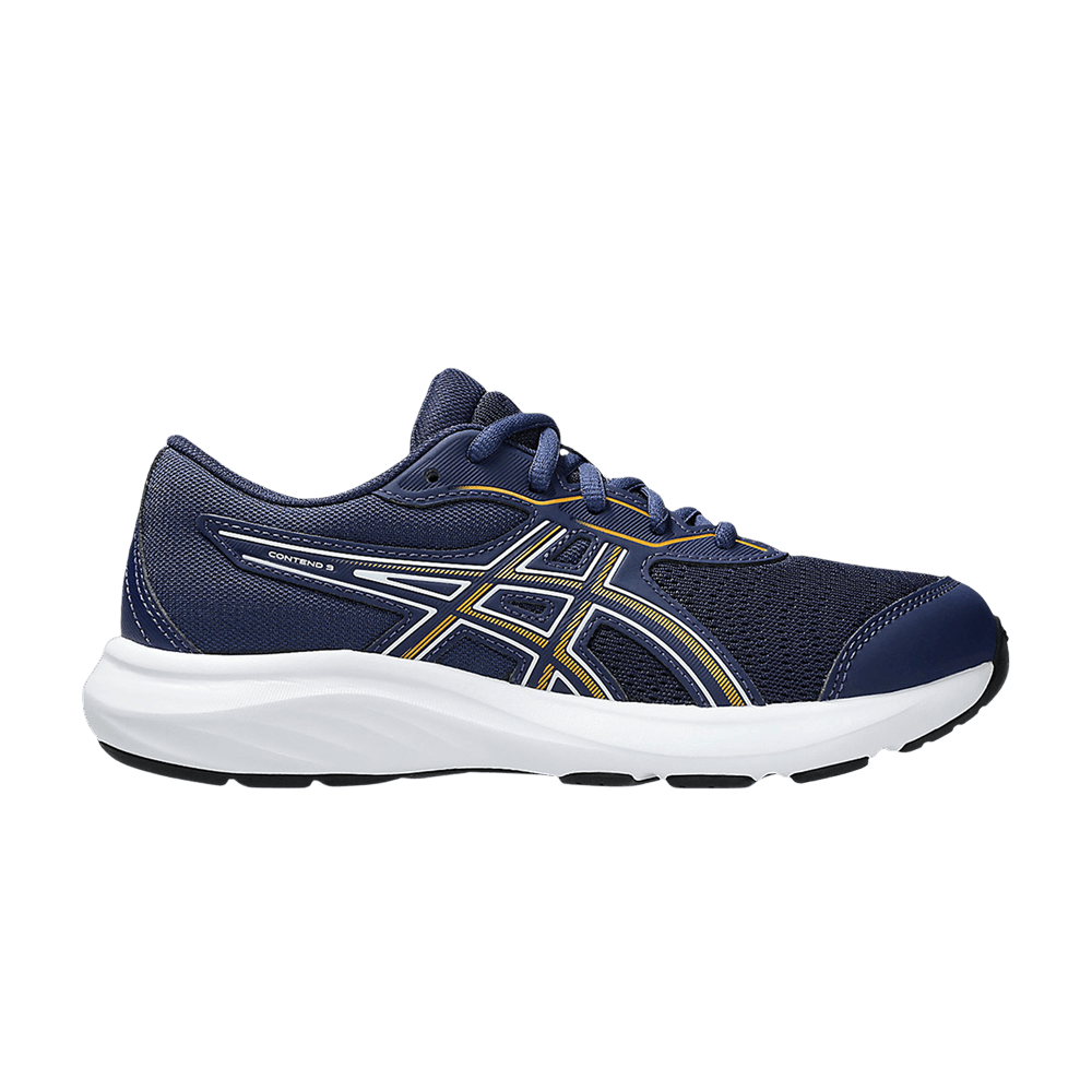 ASICS Contend 9 GS boys running shoe lateral view with navy mesh upper and white sole