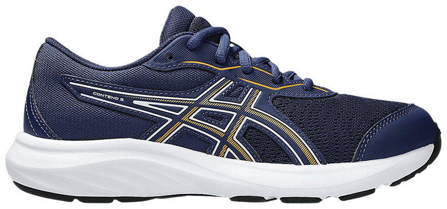 ASICS Contend 9 GS boys running shoe with navy mesh upper and white sole