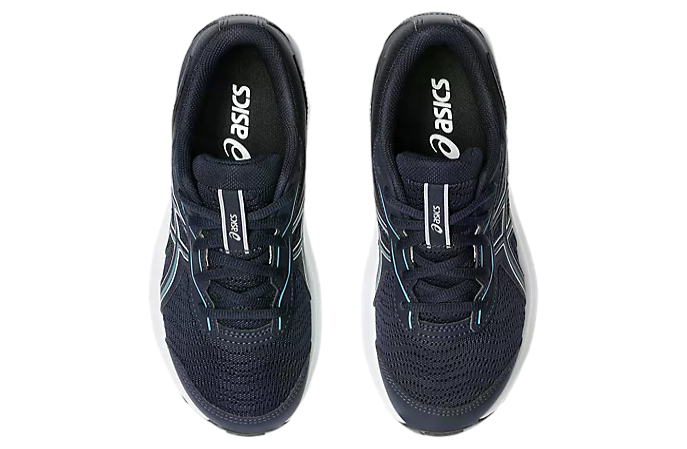 Top-down view of a pair of ASICS boys running shoes with navy mesh upper and teal accents