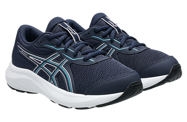 Pair of ASICS boys running shoes with navy mesh upper and aqua stripe accents