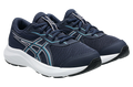 Pair of ASICS boys running shoes with navy mesh upper and aqua stripe accents