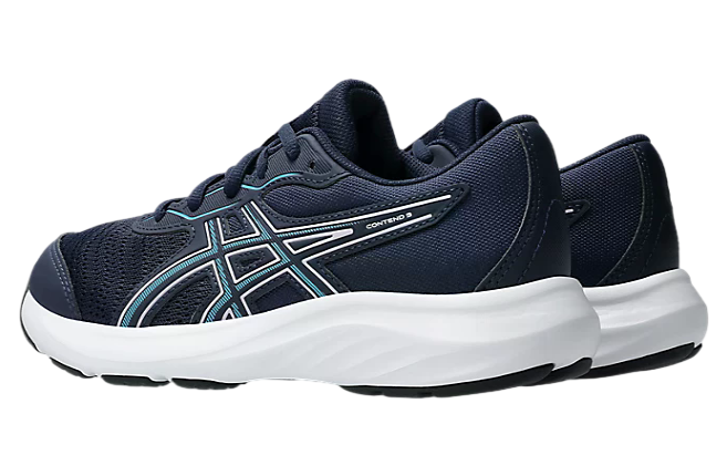 ASICS Contend 9 GS boys running shoe shown from rear three-quarter angle