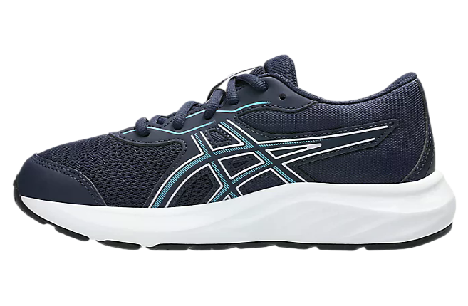 ASICS boys running shoe with navy mesh upper and teal logo detail, lateral view