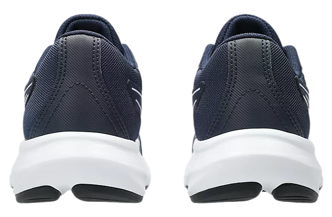 Rear view of boys running shoes showing heel counter, cushioned midsole, and outsole