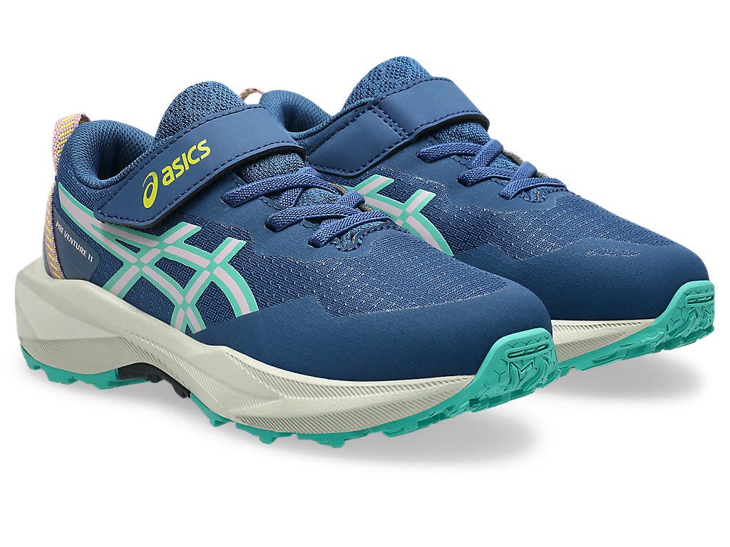 ASICS Pre Venture 11 PS children's trail running shoes with velcro strap and teal accents