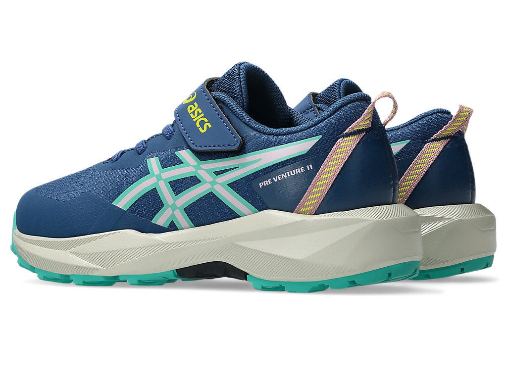 ASICS Pre Venture 11 PS kids trail running shoe, rear three-quarter view showing velcro strap