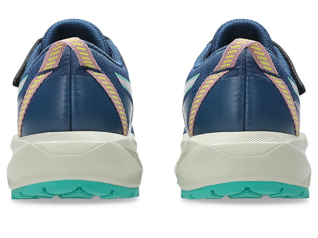 Rear view of girls trail running shoes with teal outsole and colorful laces