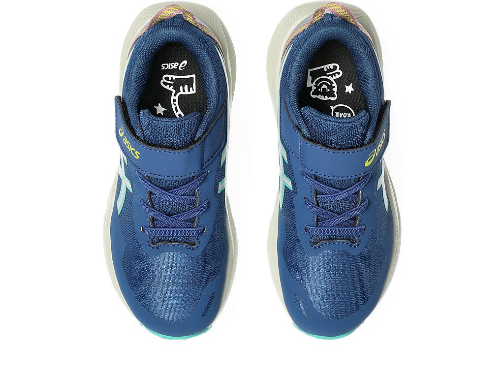 Top-down view of a pair of blue ASICS children's trail running shoes with velcro strap