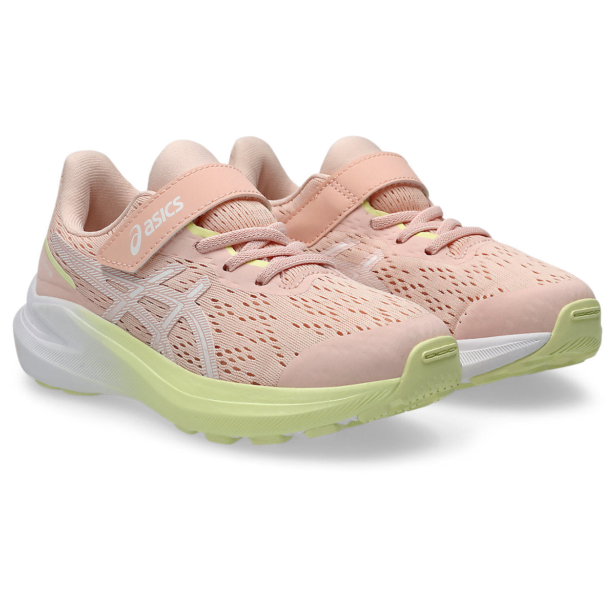 ASICS Kids GT-1000 13 PS running shoes with velcro strap and laces, pair angled view