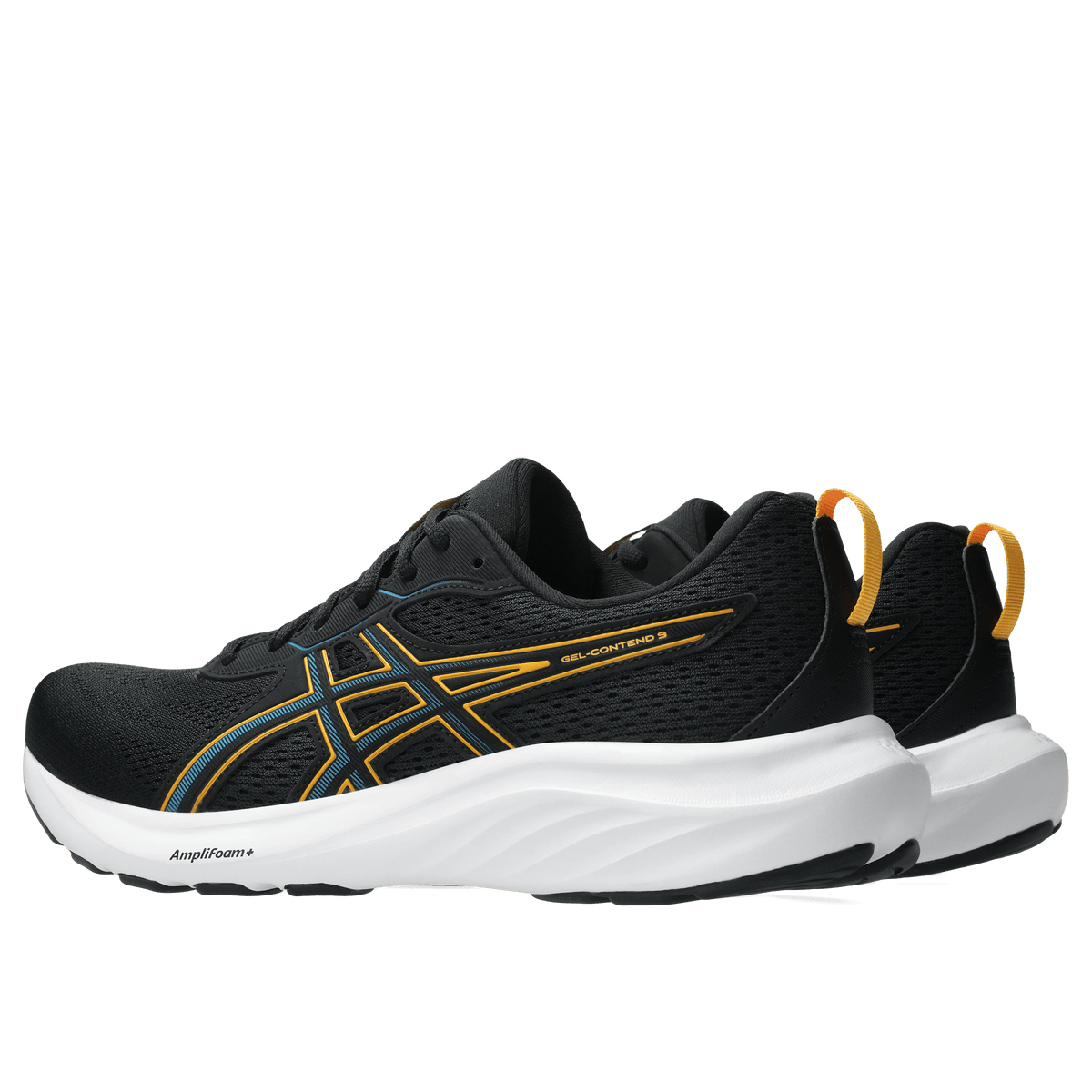 ASICS Gel-Contend 9 mens running shoe shown from rear three-quarter angle on white midsole