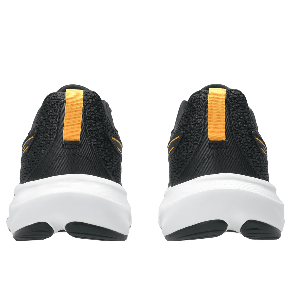 Rear view of men's running shoes with black mesh upper and orange heel tab