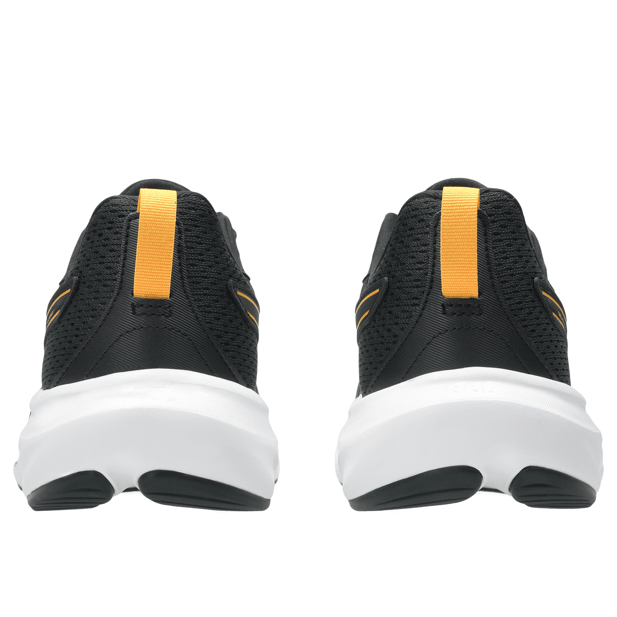 Rear view of men's running shoes with black mesh upper and orange heel tab