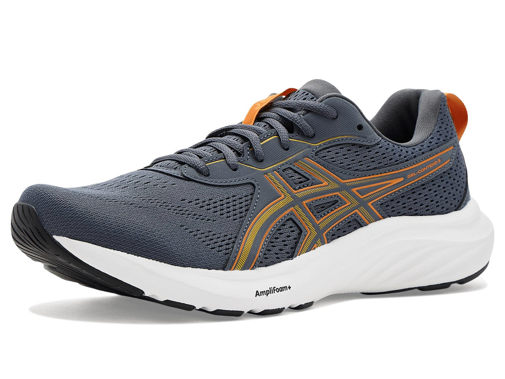 ASICS Gel-Contend 9 mens running shoe with white AmpilFoam midsole, three-quarter view