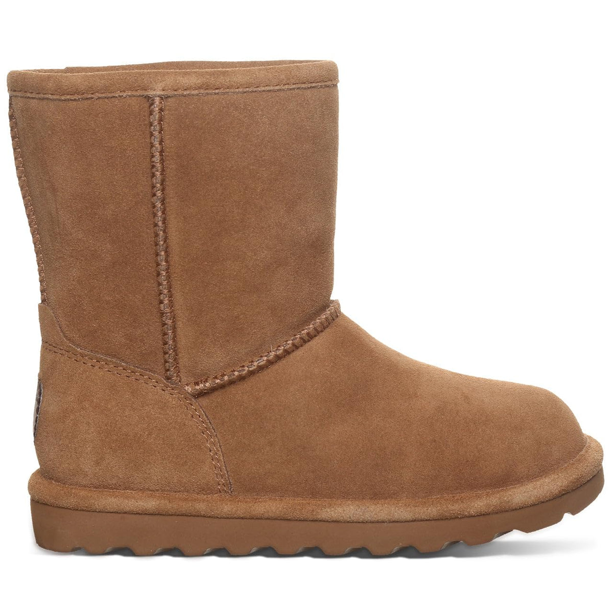 Bearpaw girls short suede boot with sherpa lining and treaded rubber sole, side view