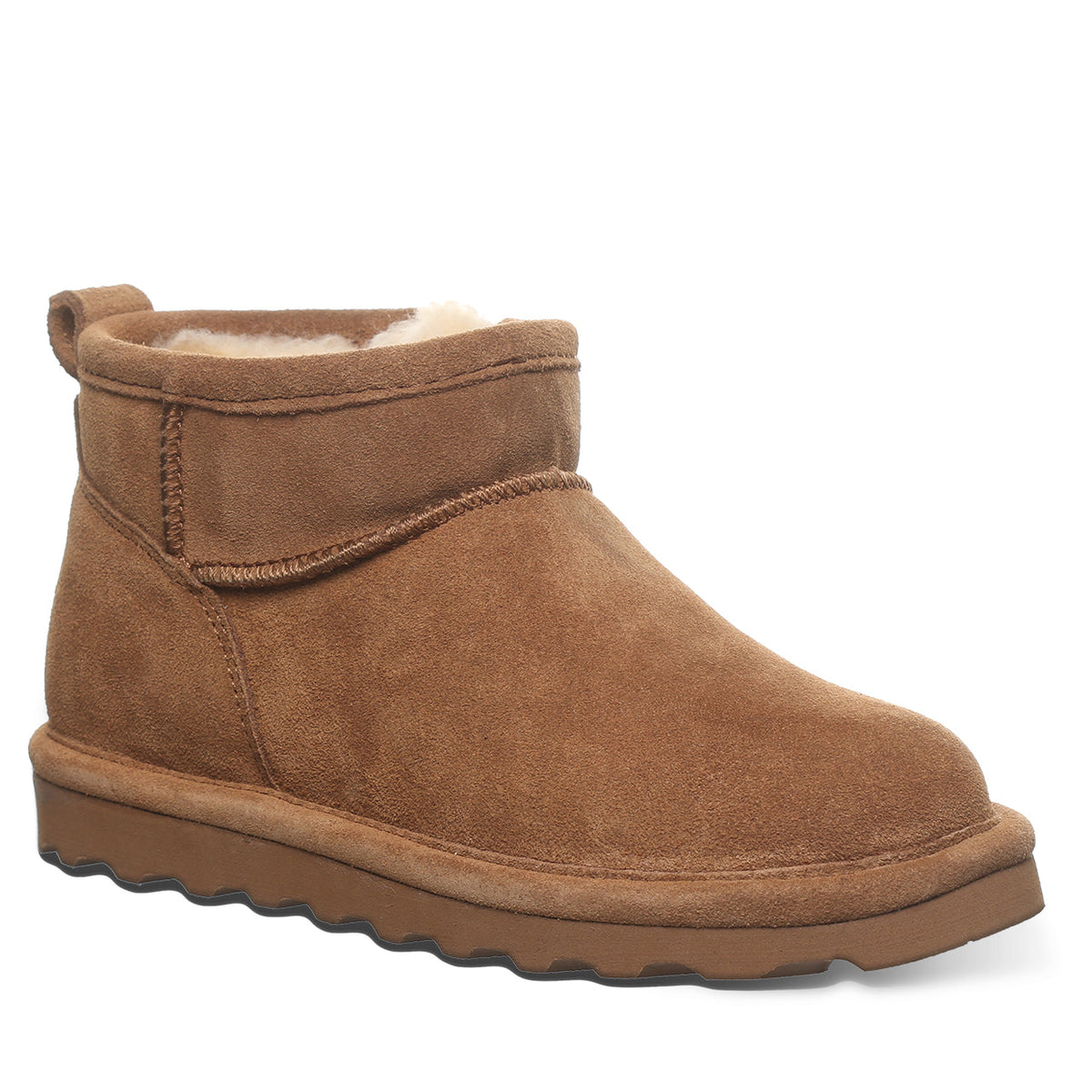 Bearpaw girls shorty ankle boot in tan suede with sherpa lining and ridged sole