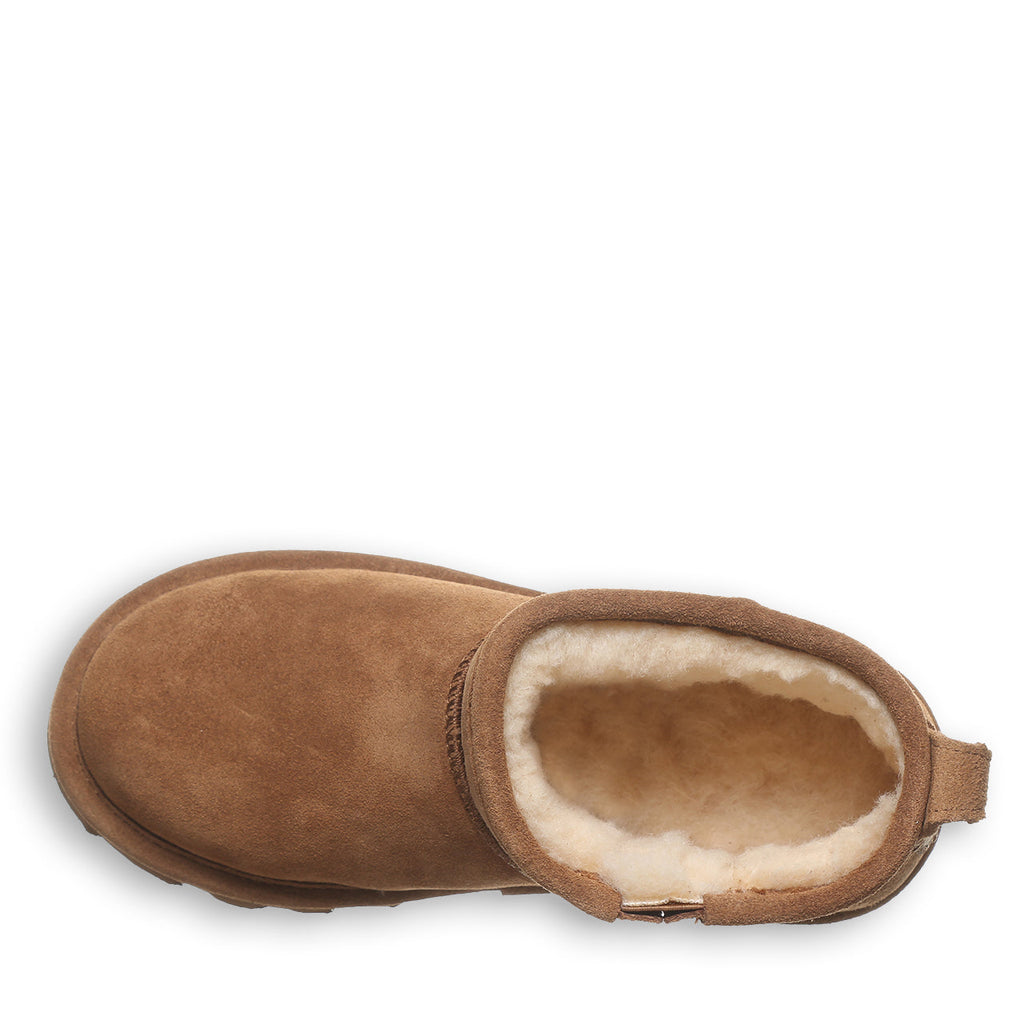 Top-down view of a girls shorty ankle boot with plush shearling interior lining