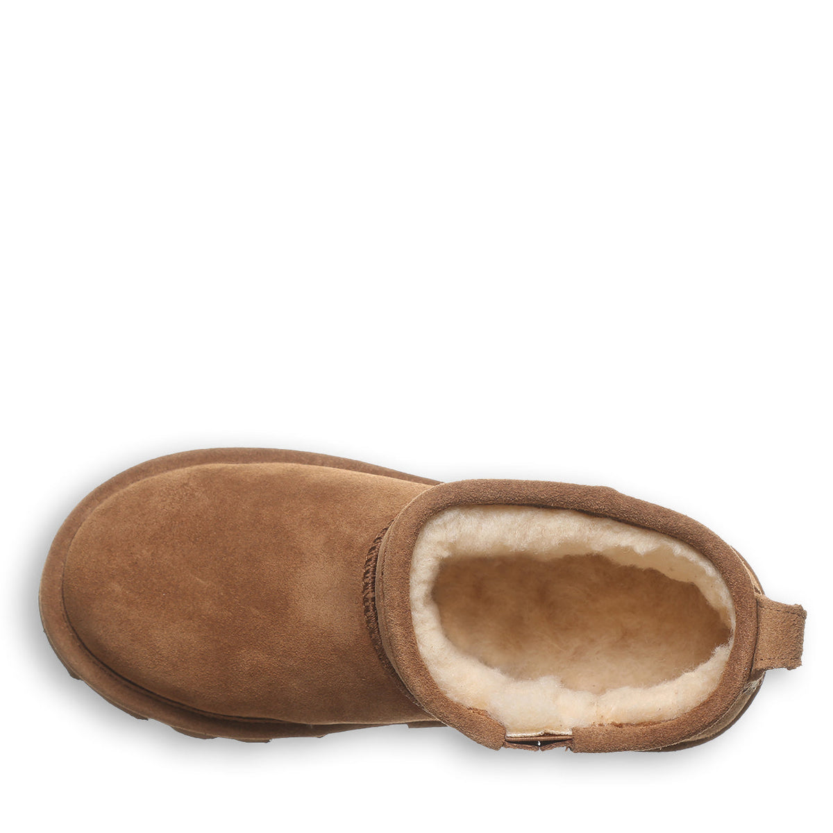 Top-down view of a girls shorty ankle boot with plush shearling interior lining