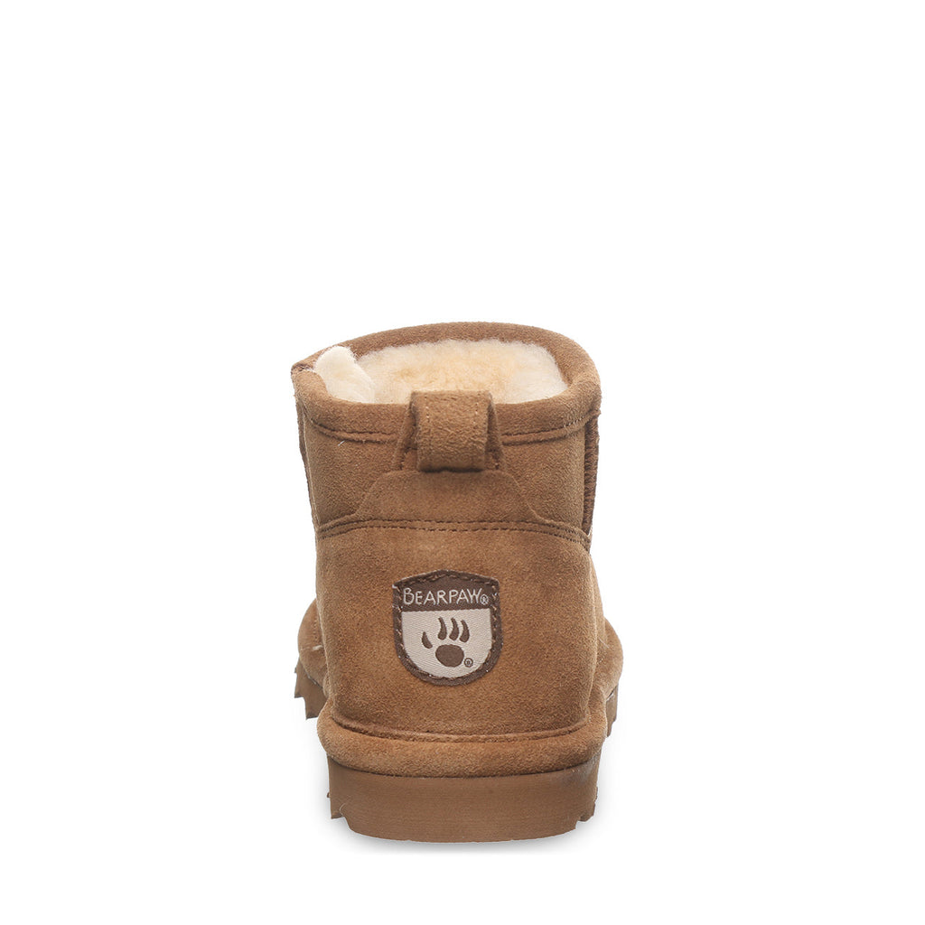Bearpaw Girls Shorty boot rear view showing sheepskin lining and logo patch