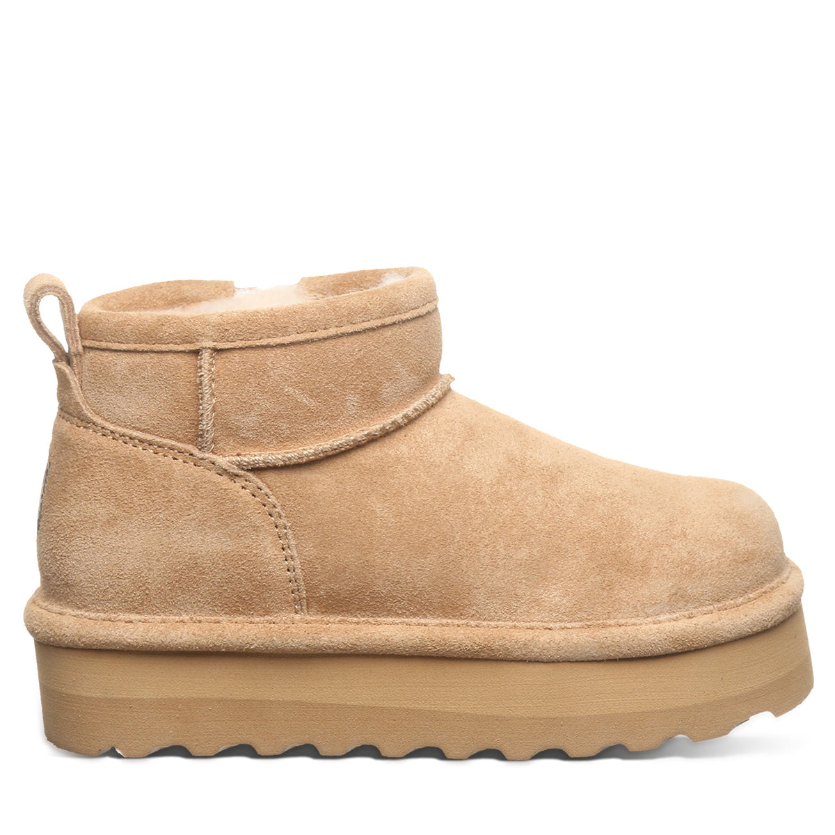Girls short suede ankle boot with sherpa lining and chunky platform sole, side view