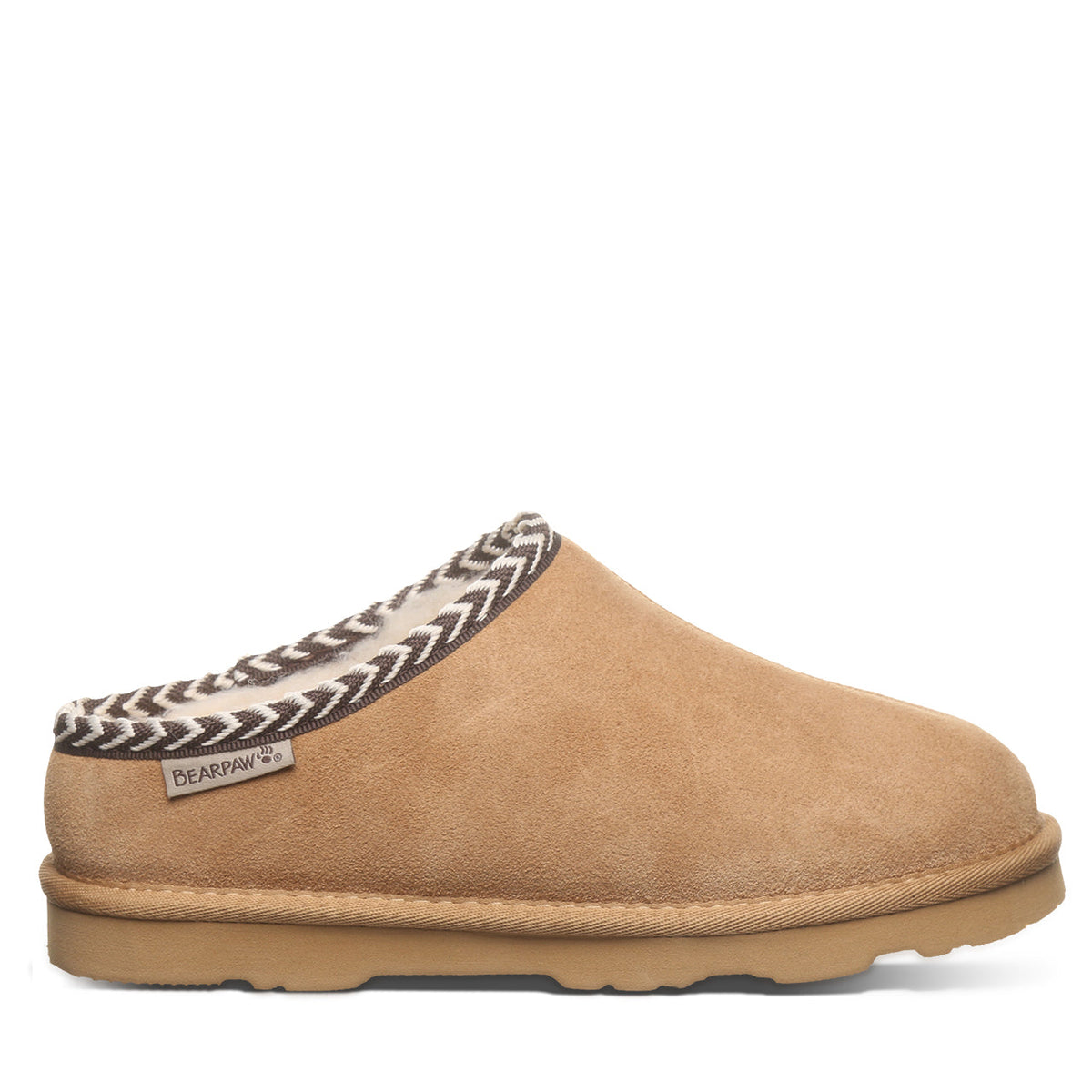Bearpaw Tabitha suede clog slipper with braided trim collar and rubber sole, side view