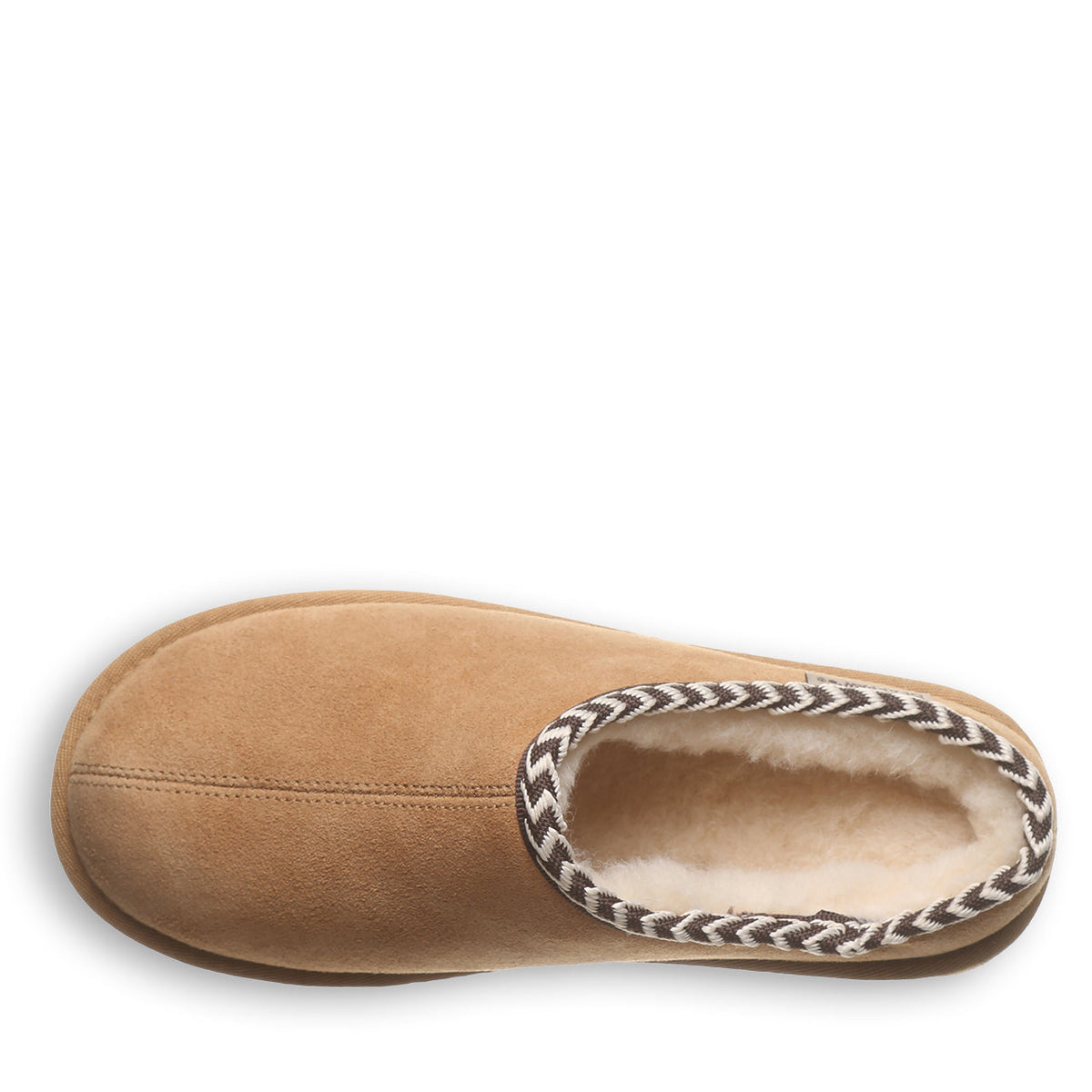 Top-down view of a shearling-lined suede slip-on slipper with braided collar trim