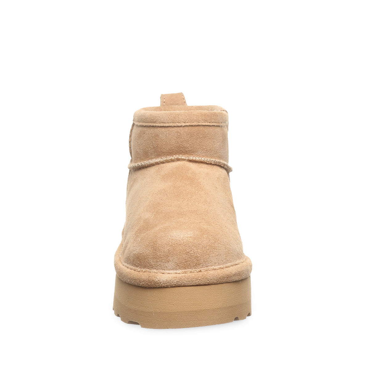 Back view of a short suede ankle boot with chunky platform sole and pull tab