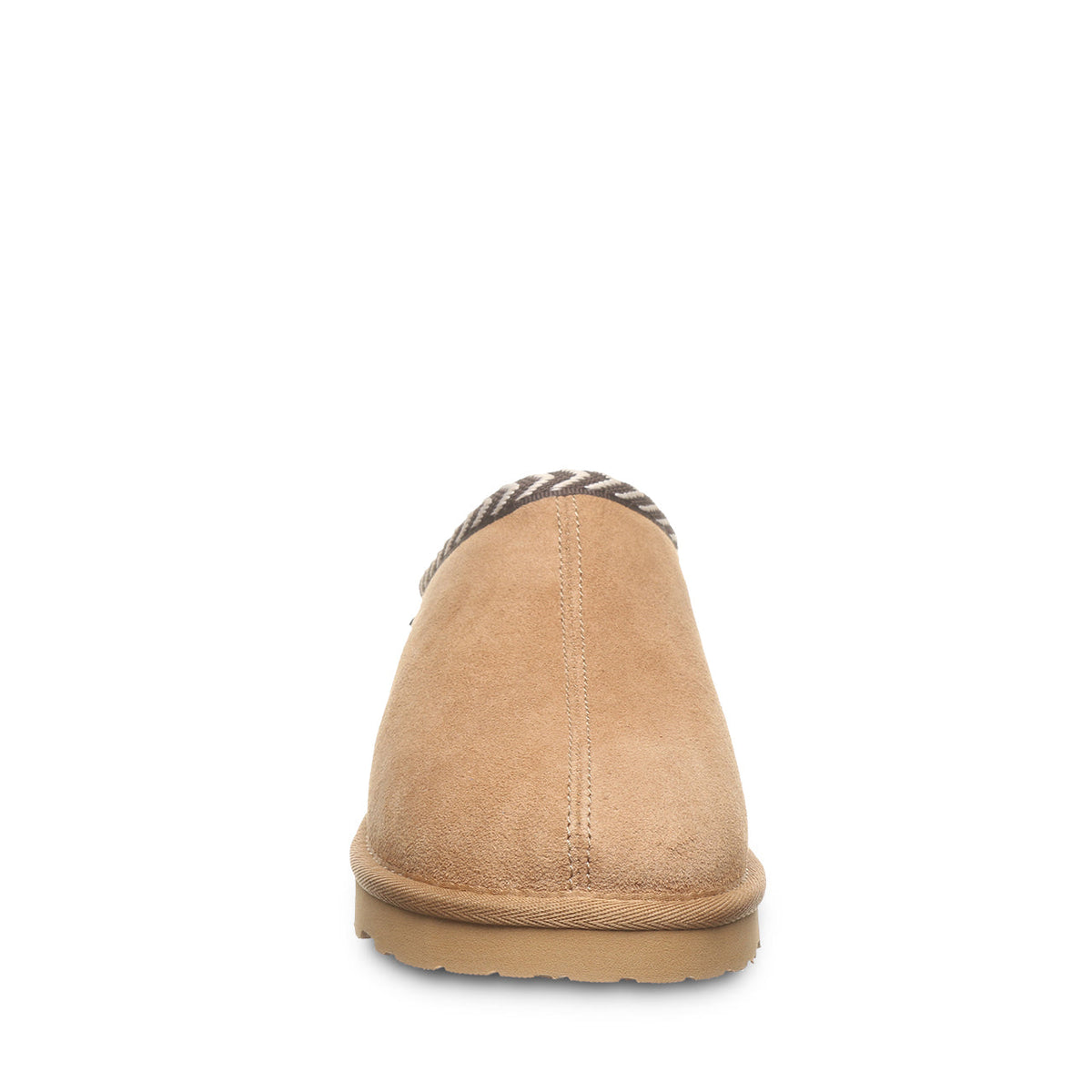 Back view of a tan suede slip-on slipper with chevron trim and rubber sole