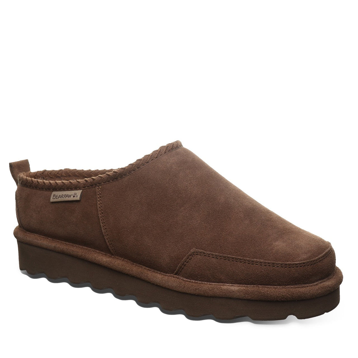 Bearpaw mens suede slip-on mule slipper with shearling lining and platform sole
