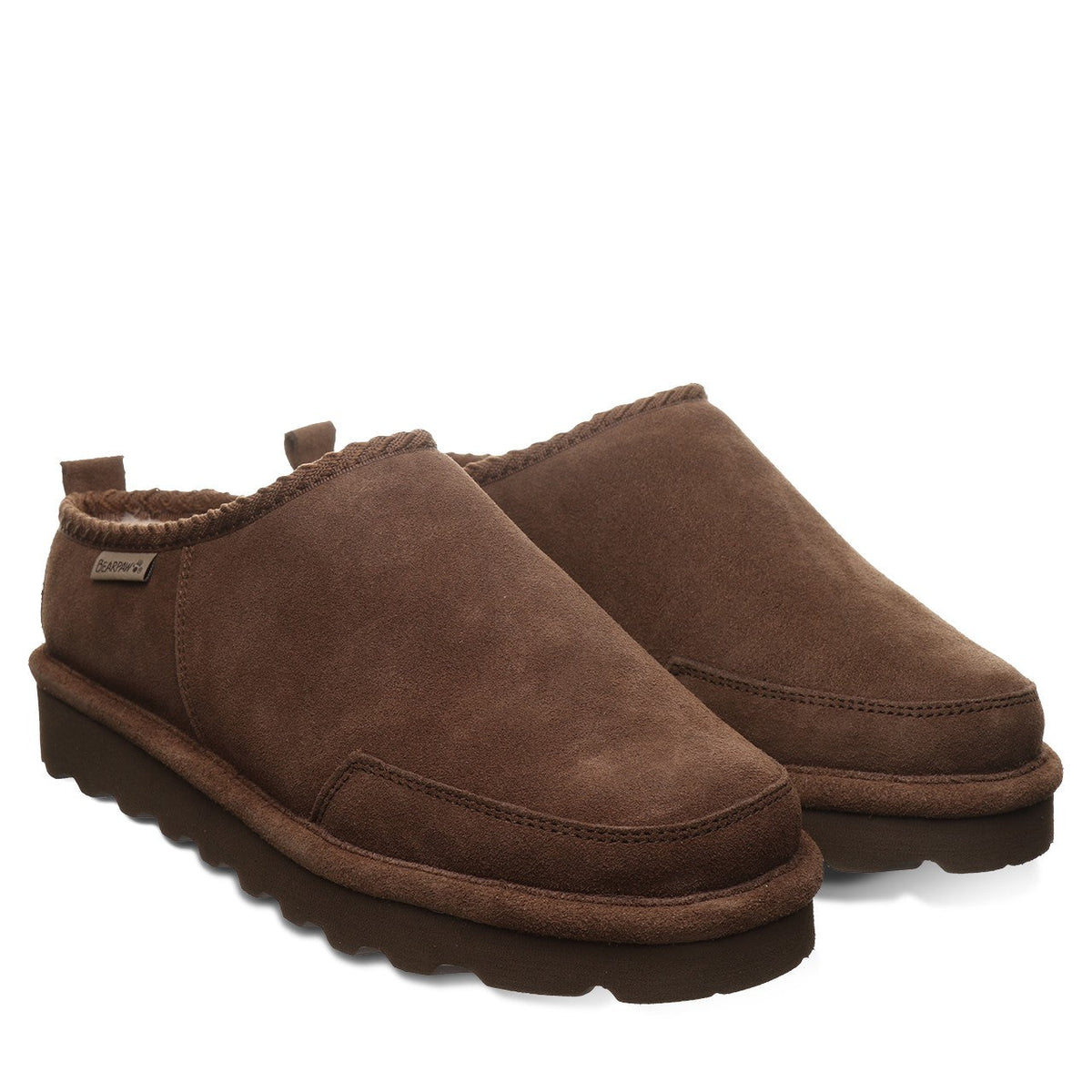 Bearpaw mens slip-on suede clog slippers with shearling lining and lugged sole, pair view