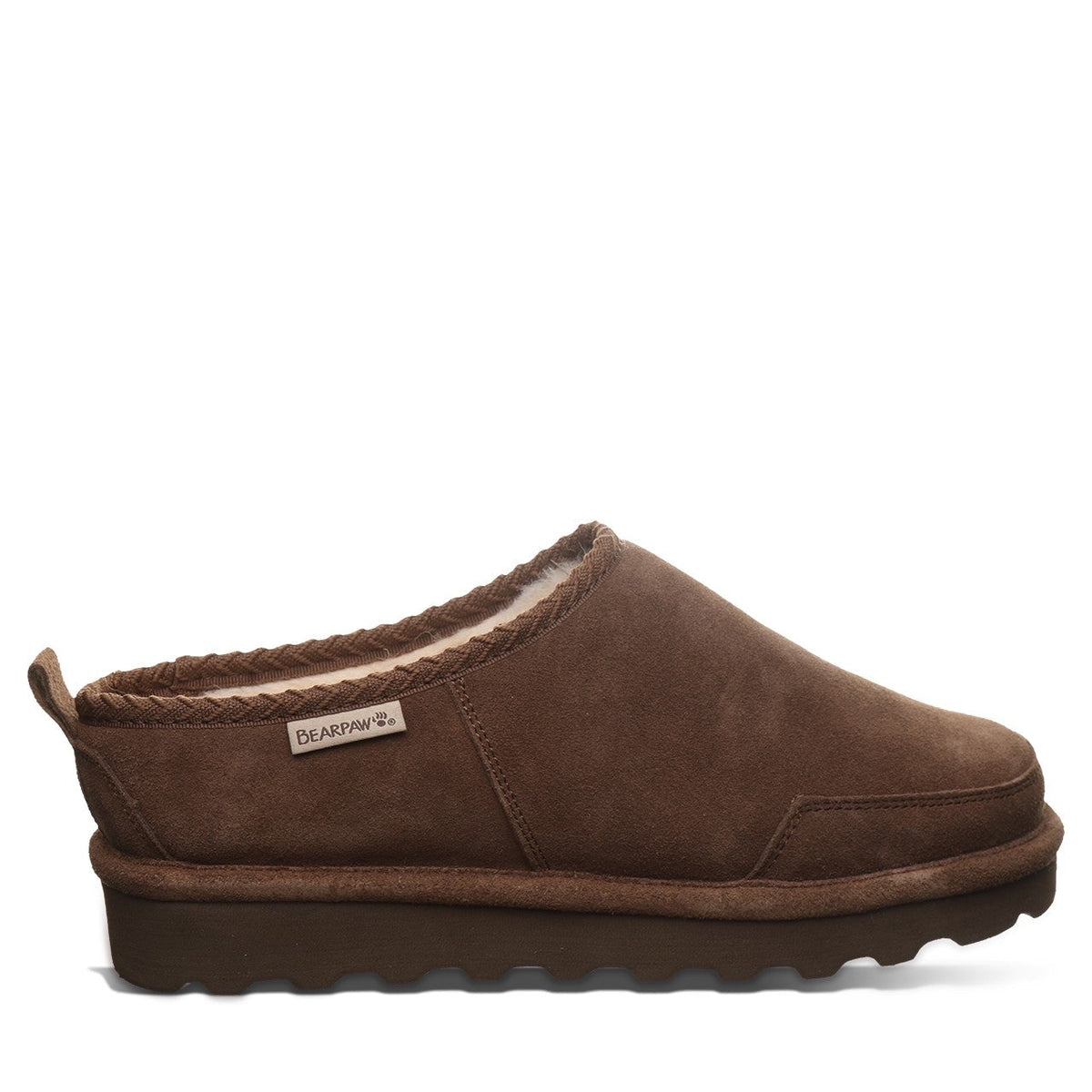 Bearpaw men's suede slip-on slipper with sherpa lining and braided trim, lateral view