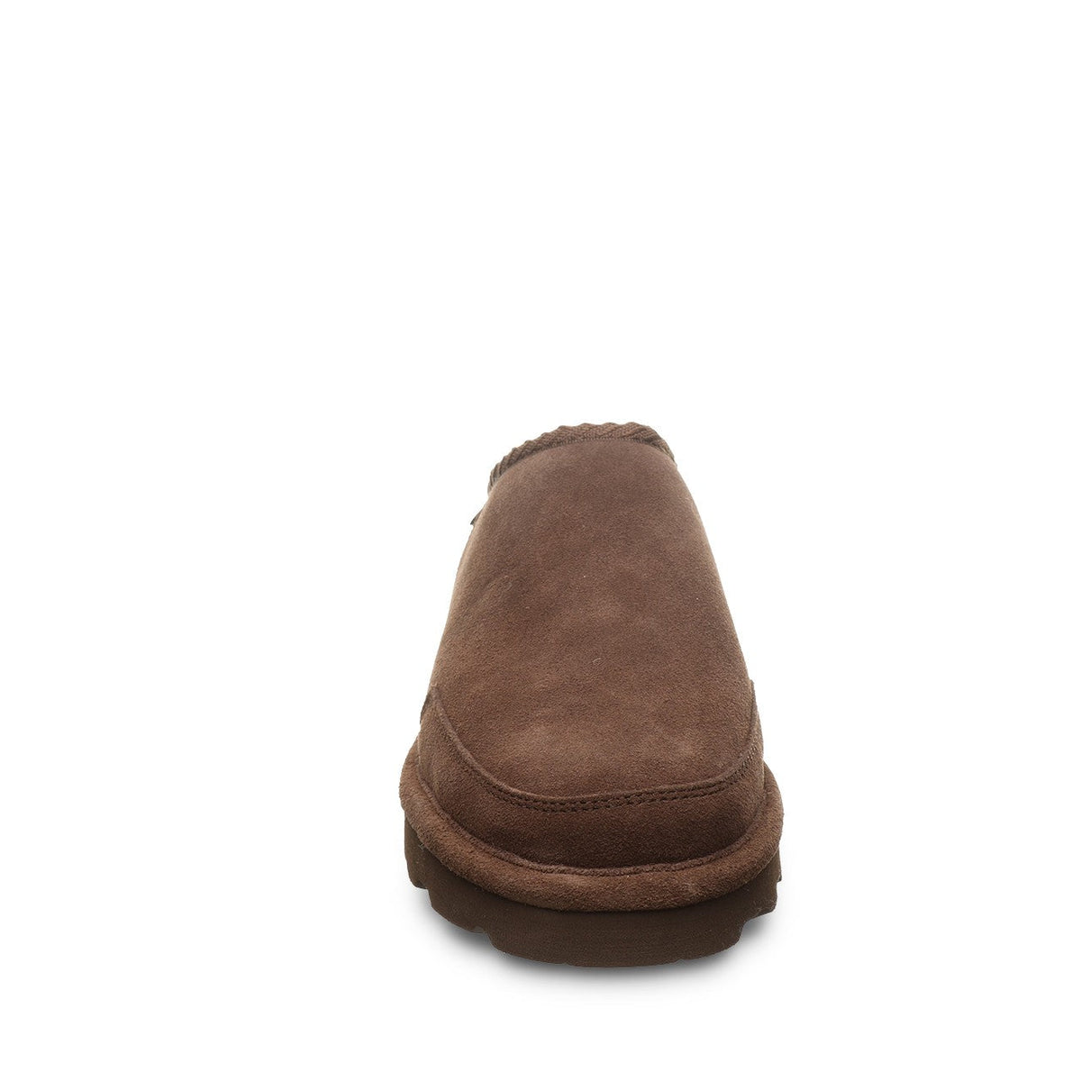 Front toe view of a men's suede slip-on moccasin slipper with sherpa trim and chunky sole