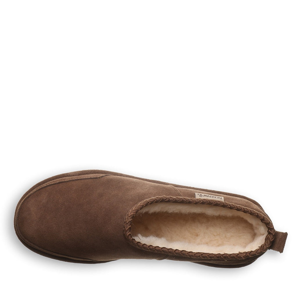 Bearpaw mens slip-on boot with shearling lining, viewed from above on white background