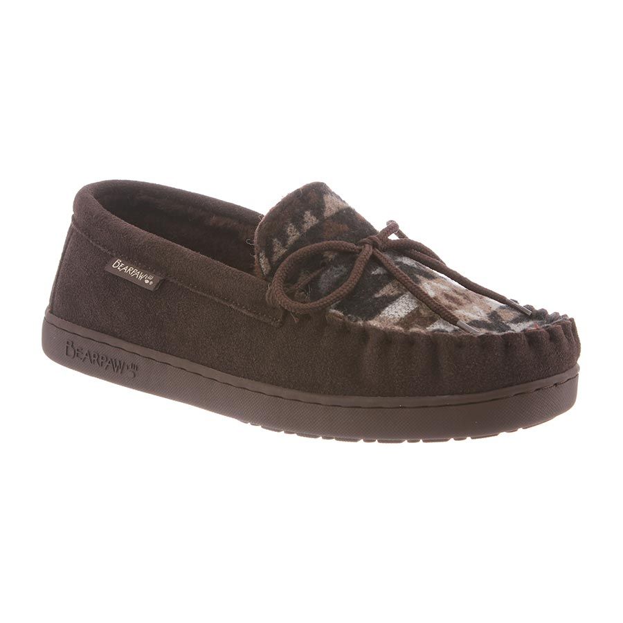 Bearpaw men's moccasin slipper with camouflage toe panel and lace detail