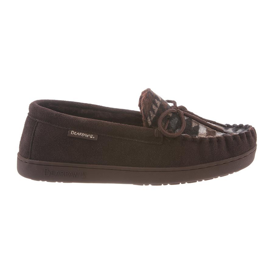 Bearpaw men's moccasin slipper with suede upper, decorative tie, and rubber outsole