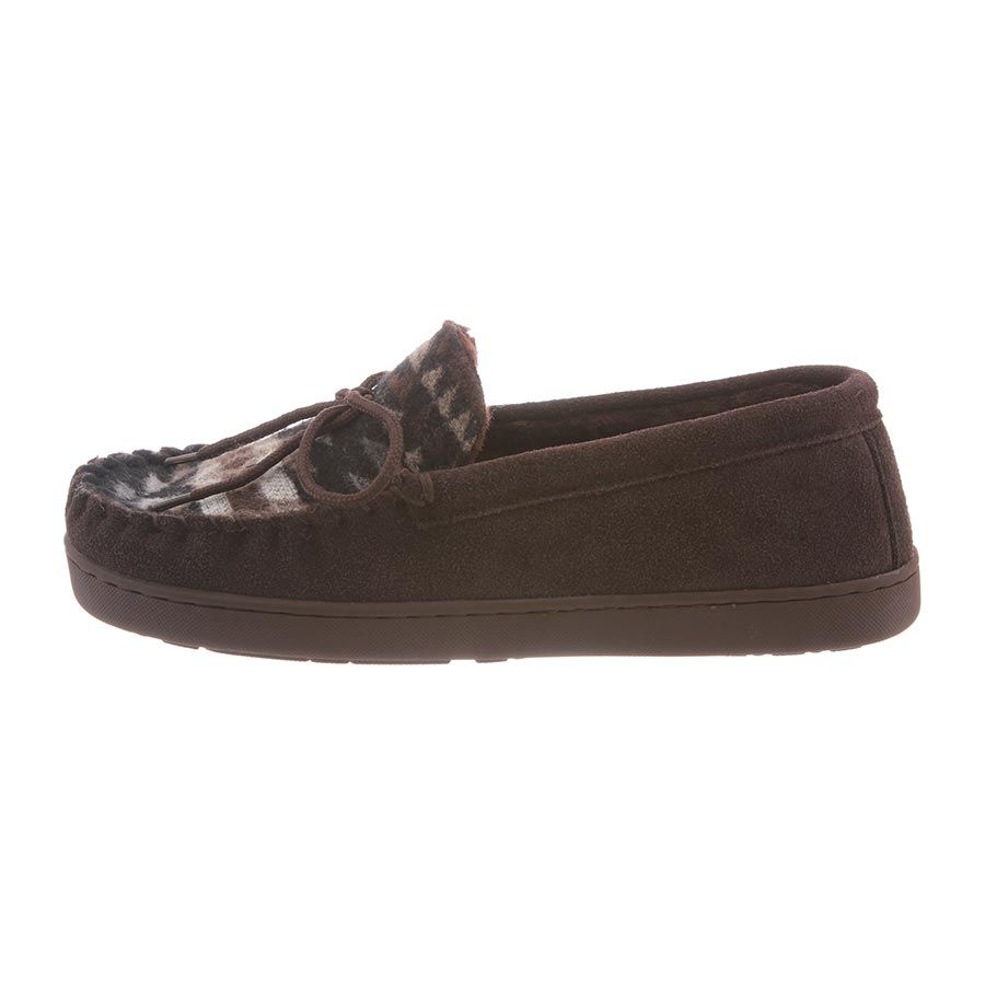 Bearpaw mens moccasin slipper with leopard print toe cap and brown suede body