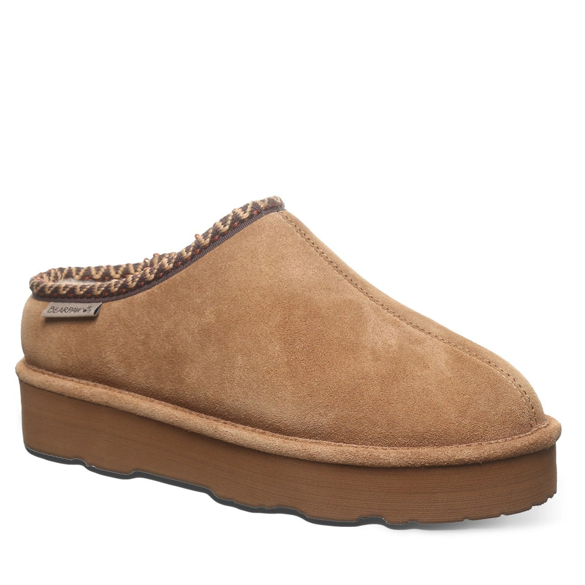 Bearpaw women's suede platform clog slipper with braided trim and chunky sole