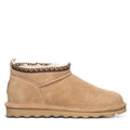Bearpaw women's ultra-short suede ankle boot with shearling lining and decorative knit trim