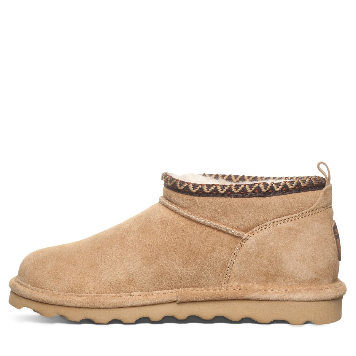 Bearpaw women's ultra-short suede ankle boot with sherpa lining and decorative trim collar