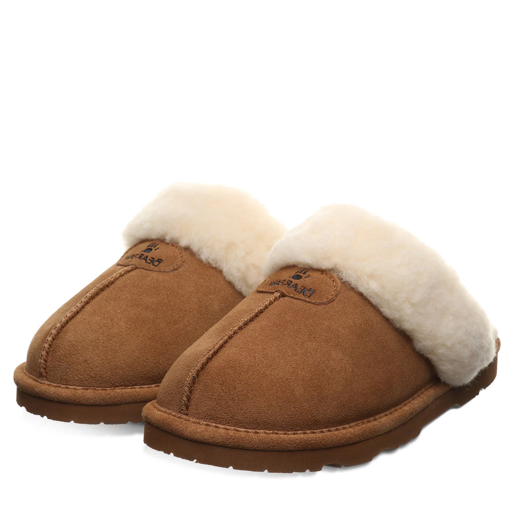 Bearpaw women's shearling-lined suede scuff slippers with cream fur cuff trim