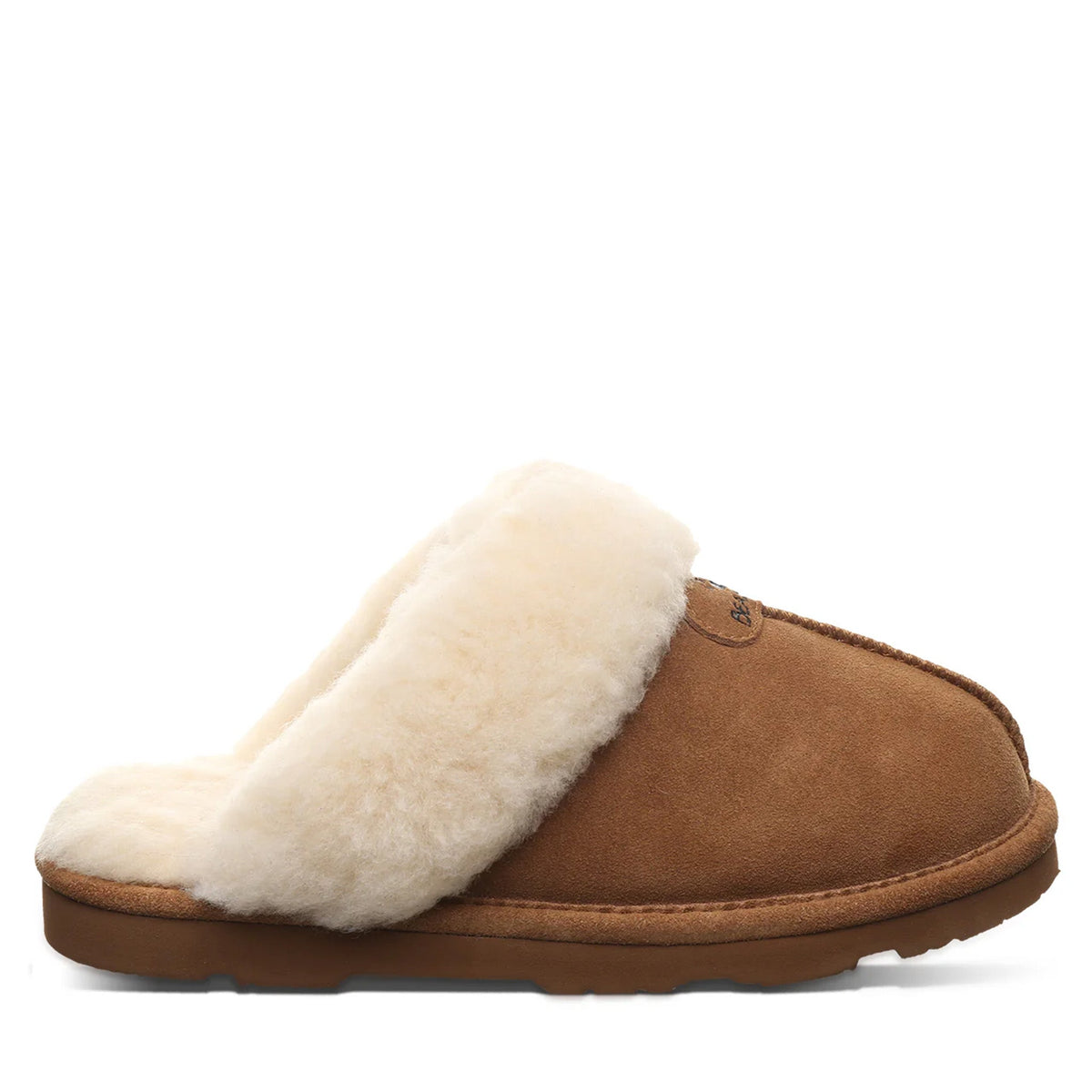 Bearpaw womens scuff slipper with plush cream shearling cuff and suede upper