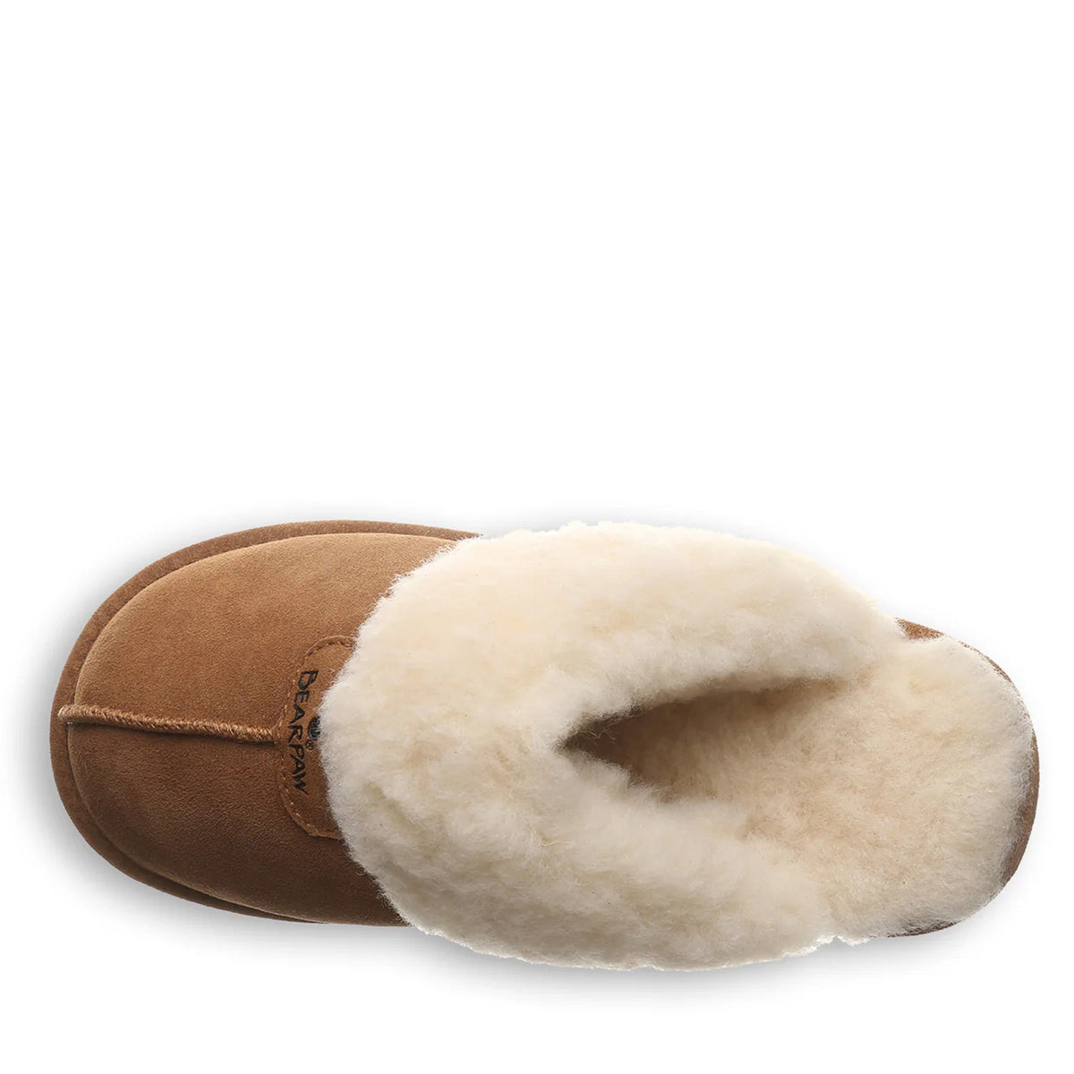 Bearpaw womens slipper with tan suede upper and plush cream wool lining, top view