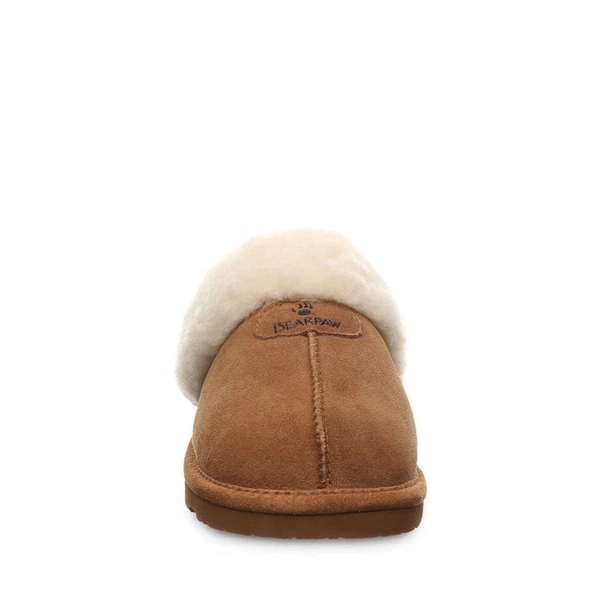 Bearpaw women's suede slipper with cream shearling collar, rear view showing brand logo