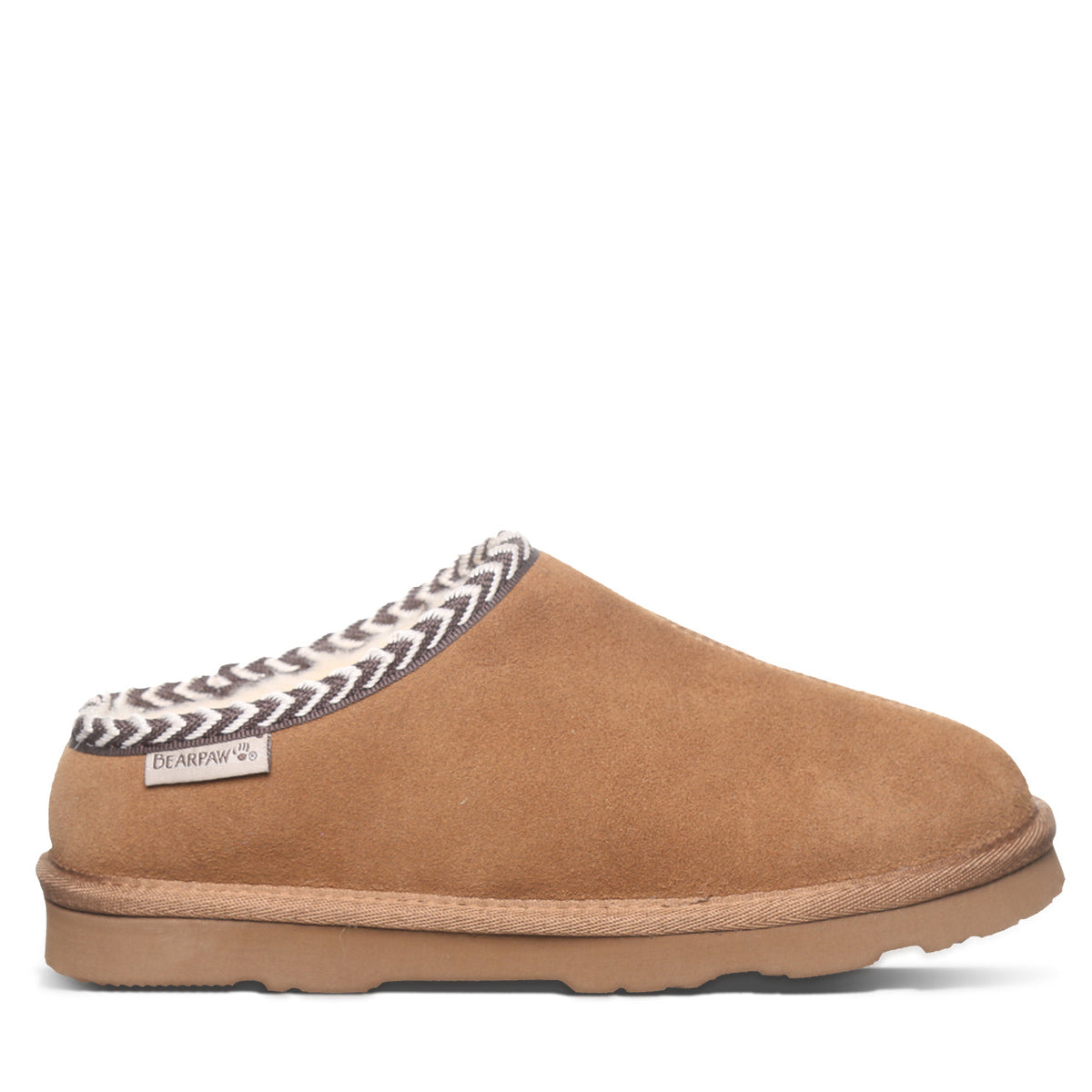 Bearpaw women's suede clog slipper with braided trim collar and rubber sole, side view