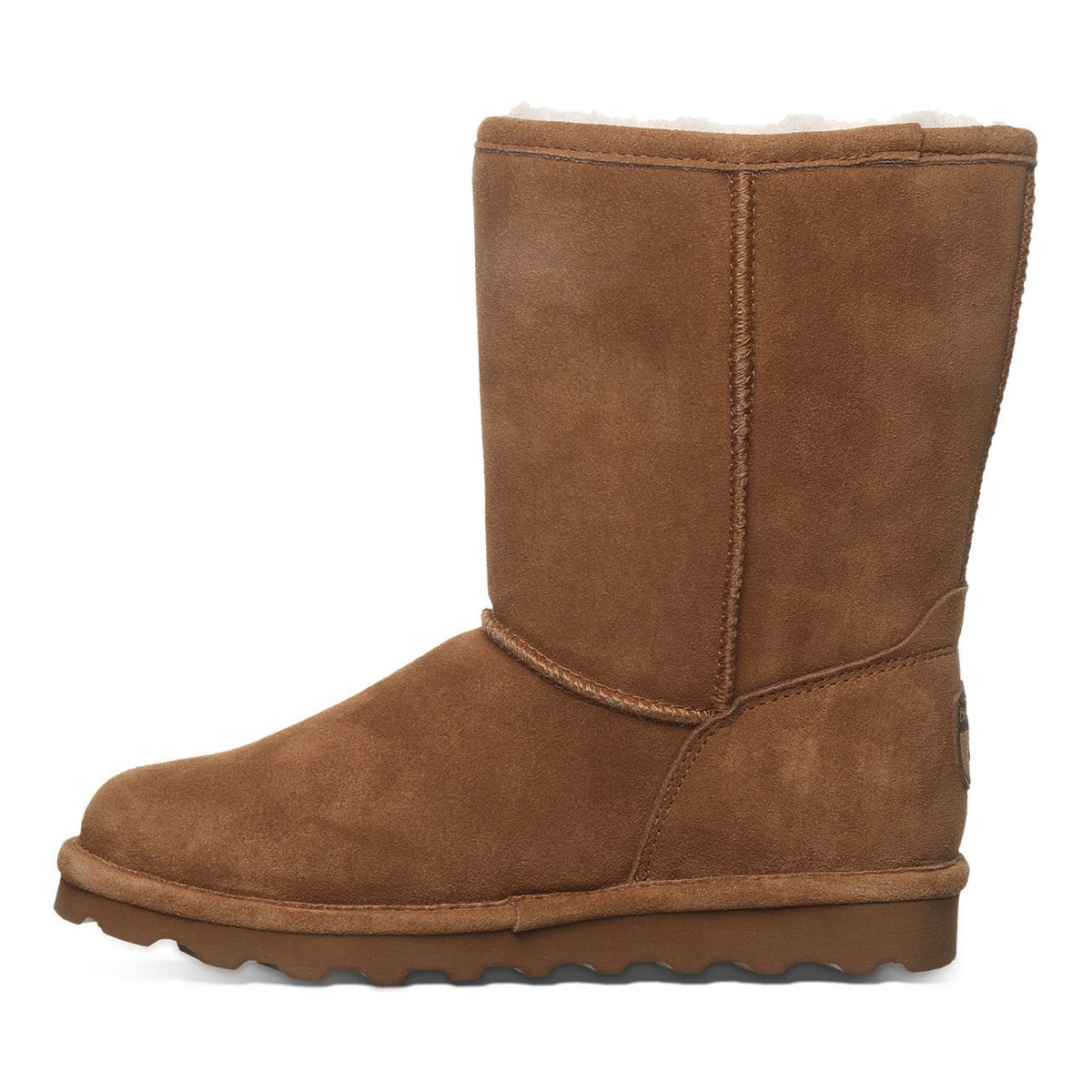 Bearpaw Elle Short boot in tan suede with shearling lining and rugged outsole, side view